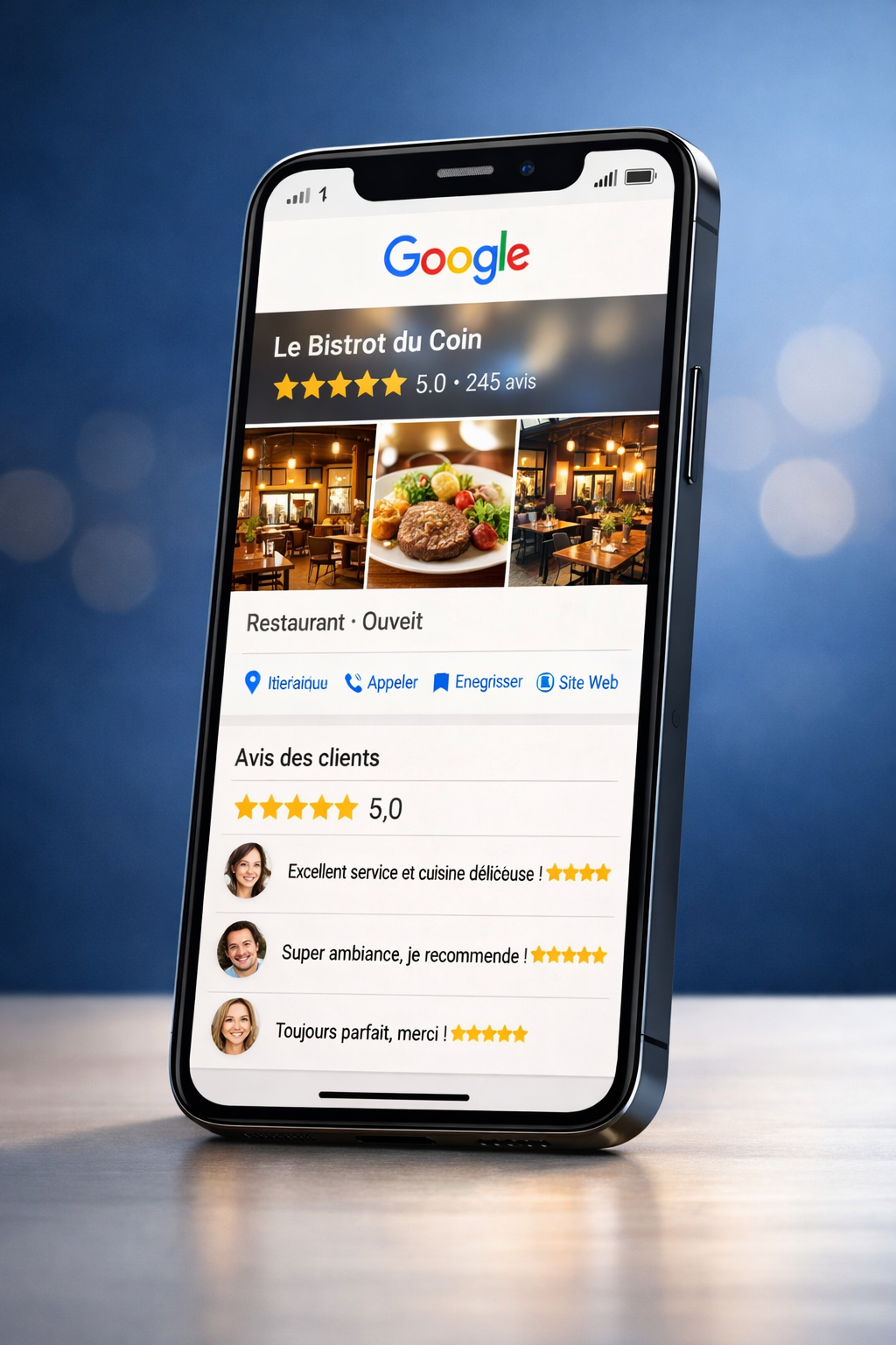 Fiche Google Business optimisée avec avis clients